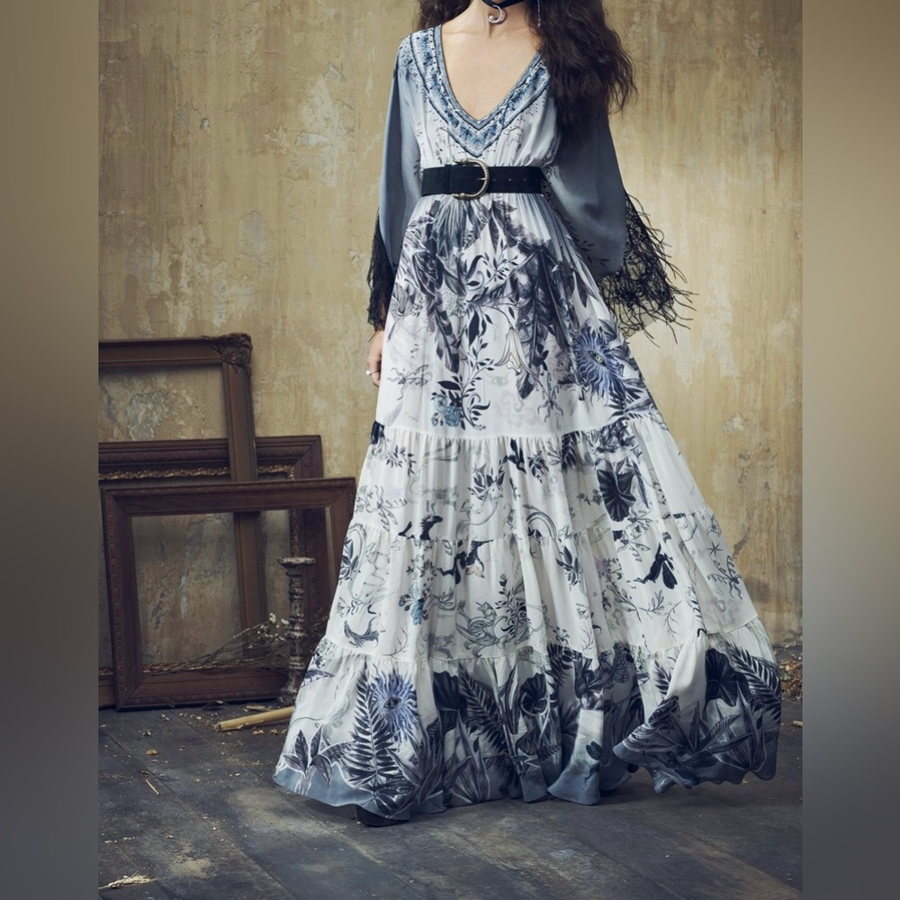 Camilla NEW Moonlit Musings Panel Silk Dress With Lace Sleeve Feather Trim S/US6